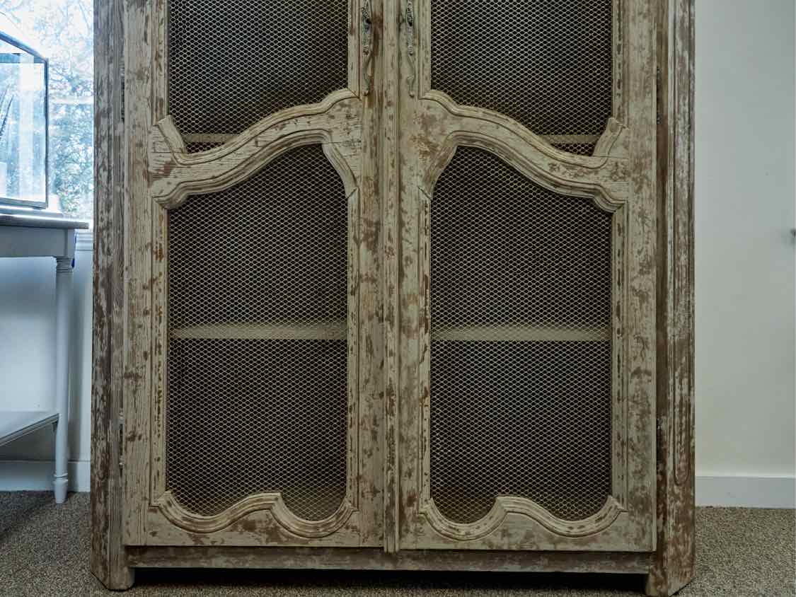 Rustic French Inspired Display Cabinets in Grey Finish with Wire Mesh Doors