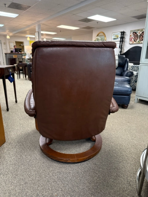 Scandinavian Style Brown Leather Reclining Chair with Ottoman