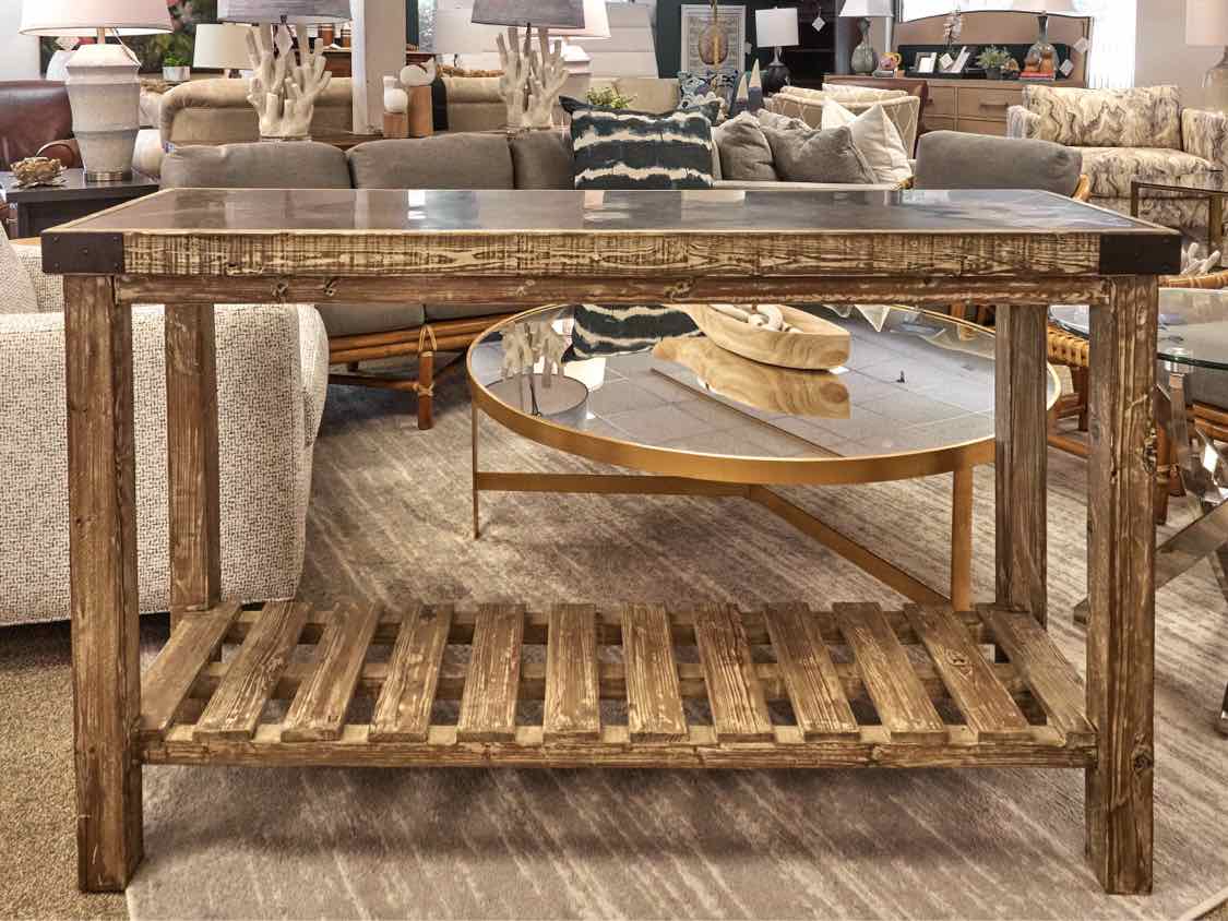 Rustic Reclaimed Wood Console with Ceramic Top and Lower Shelf