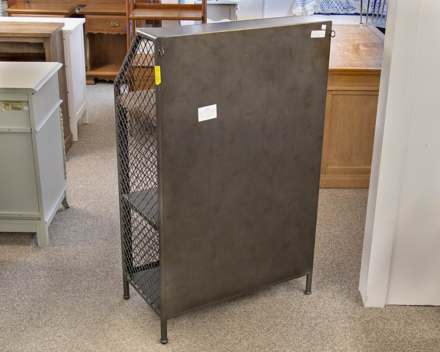 Industrial Bar Cabinet in Steel Mesh with Plank Reclaimed Wood Top