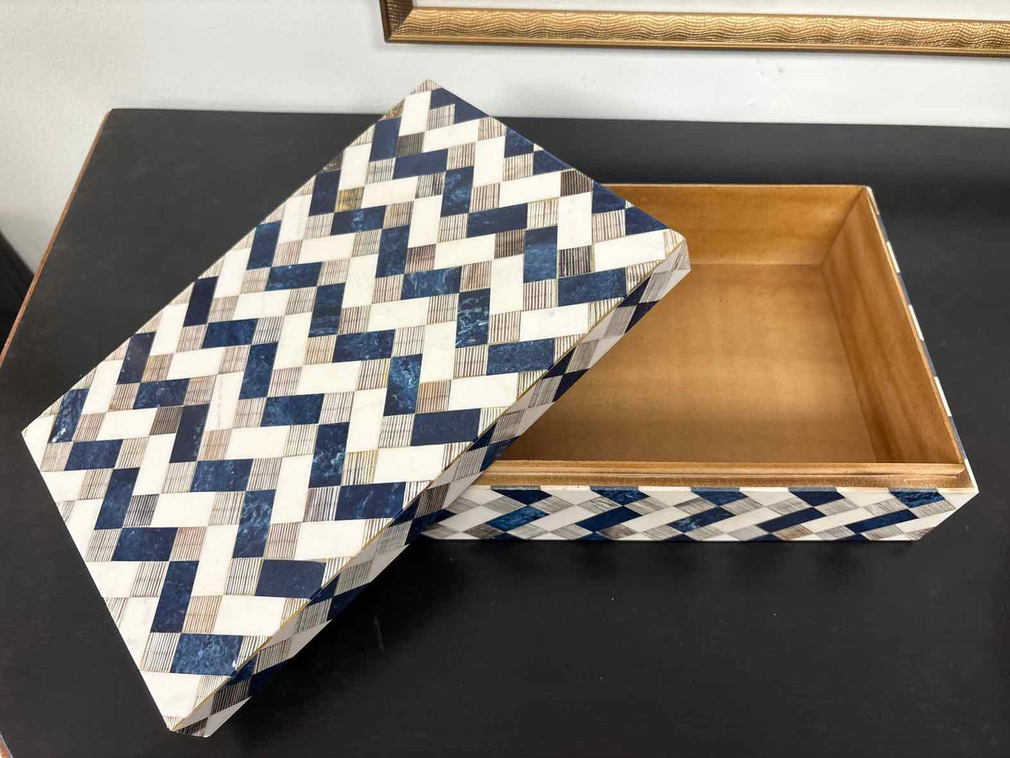 Medium Decorative Box with Tile In Blue, Ivory, & Taupe