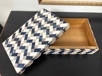 Medium Decorative Box with Tile In Blue, Ivory, & Taupe