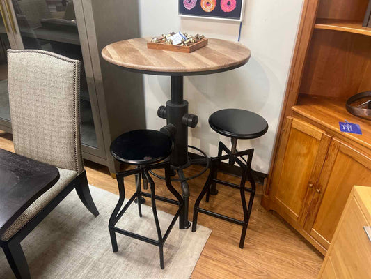Industrial Wood Top Pub Table w/ Two Stools