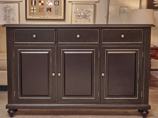 Black Finish Distressed Accents 3 Drawer 3 Door Console