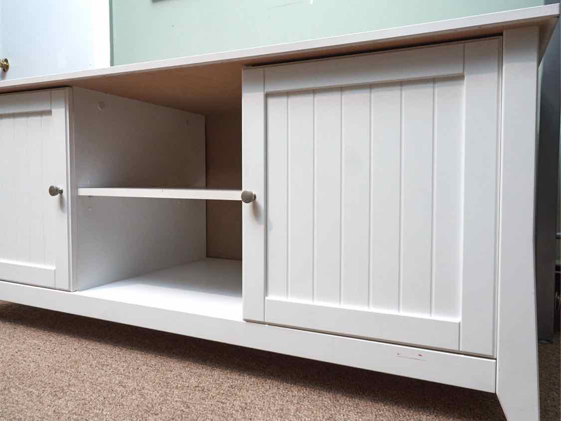 White Media Stand  with 2 Beadboard Doors & Open Storage