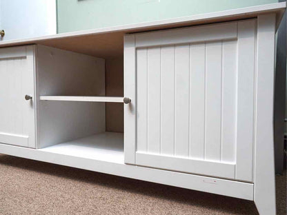 White Media Stand  with 2 Beadboard Doors & Open Storage