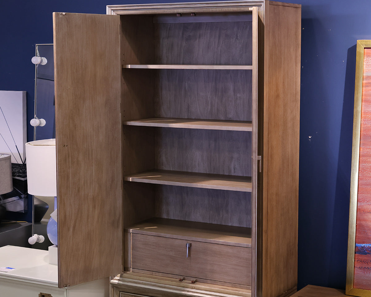 Hickory White Custom Tall Cabinet in Drifted Wood with Silver Trim