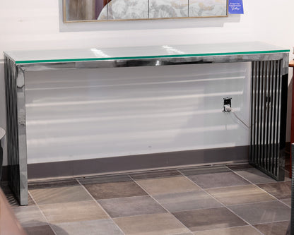 Chrome Glass Console with Modern Slatted Legs