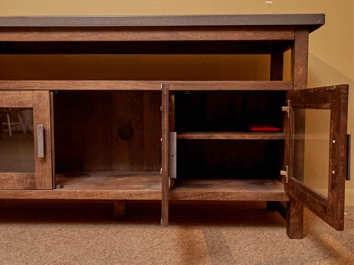 Crate & Barrel Metal Top 3 Glass Doors Weathered Oak Media Console