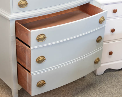 Tall Bowfront Chest-on-Chest in Light Blue Finish with Brass Pulls