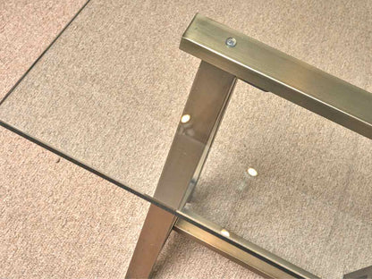 West Elm Glass Top Bronzed Metal Sawhorse Legs  Desk