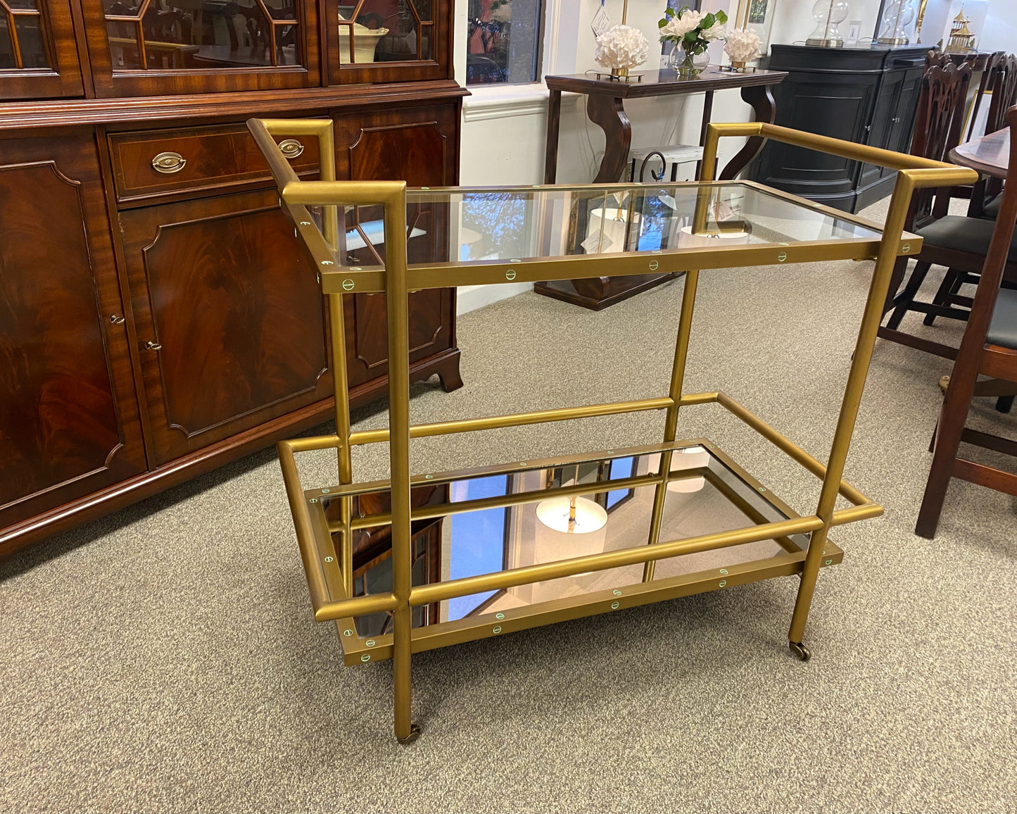 Brass Bar Cart with Glass Top & Mirrored Shelf