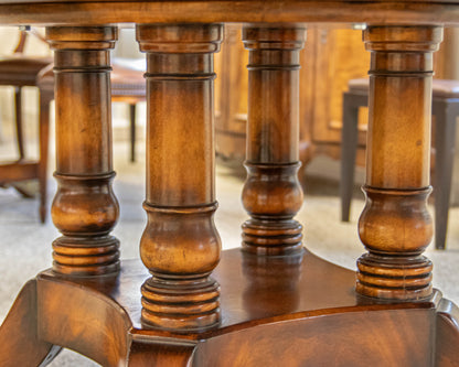 Burled Walnut  Round Dining Table On A Birdcage Base W/ 4 Permitter Leaves