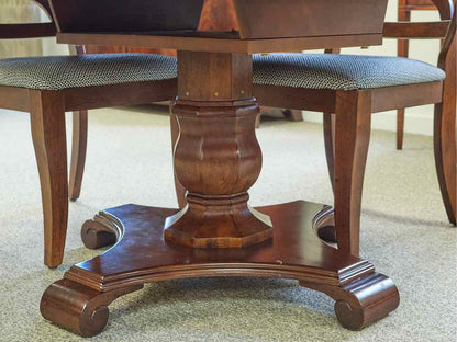 Round Cherry Pedestal Table with Leaf & Set of 4 Chairs with Navy & White Seats
