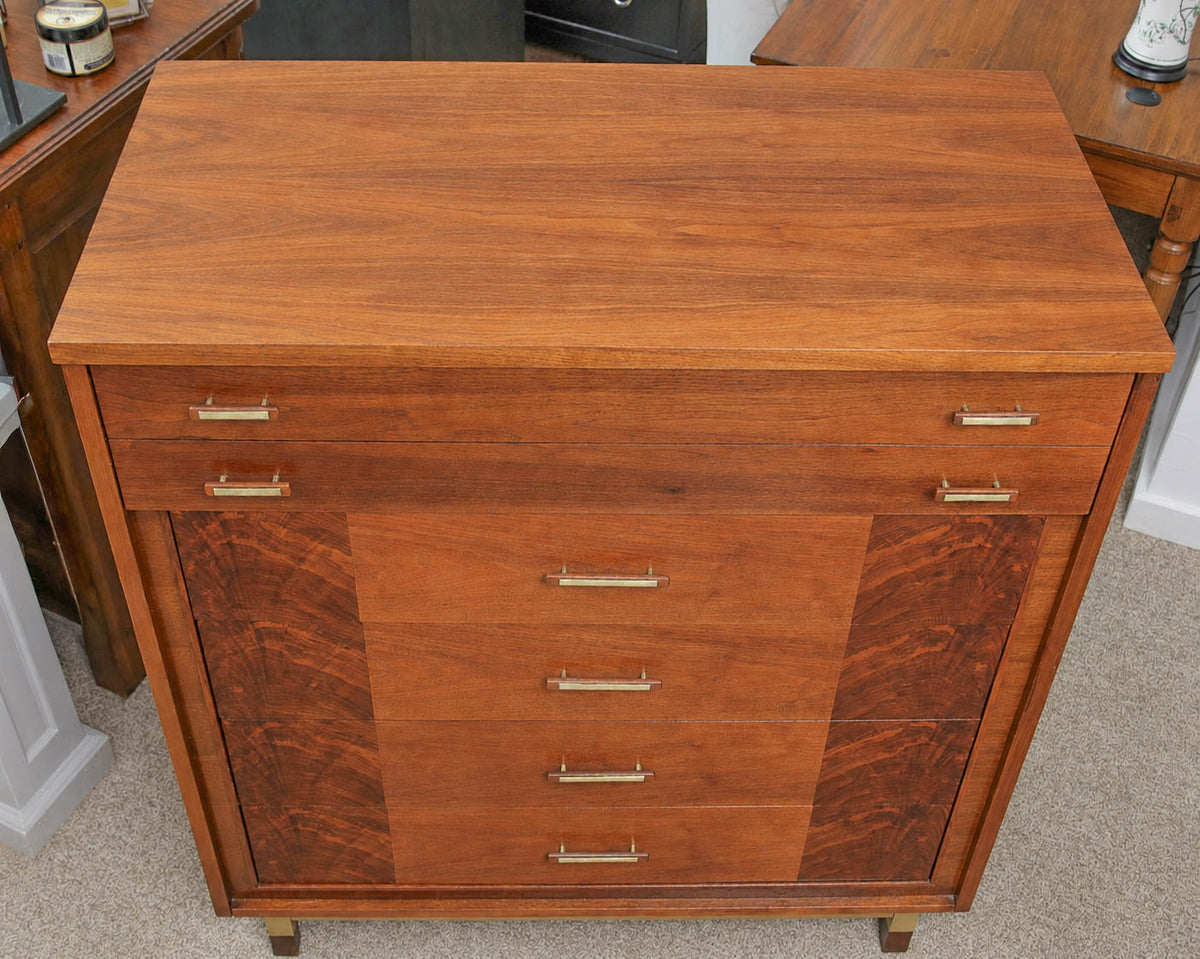 Walnut Mid Century Modern 5 Drawer Chest with Brass Accent Handles