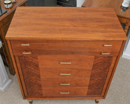 Walnut Mid Century Modern 5 Drawer Chest with Brass Accent Handles