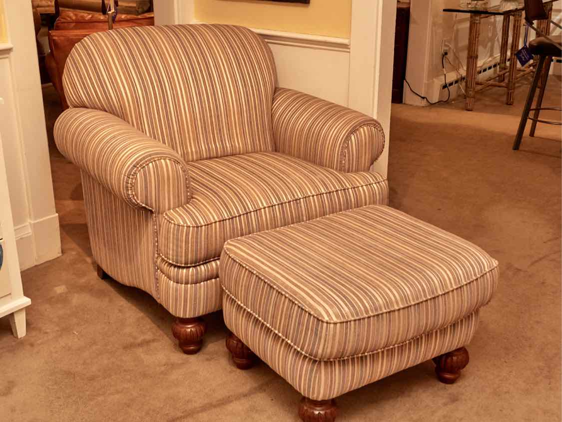 England Inc Earth Tone Stripe Rolled Arm  Chair & Ottoman
