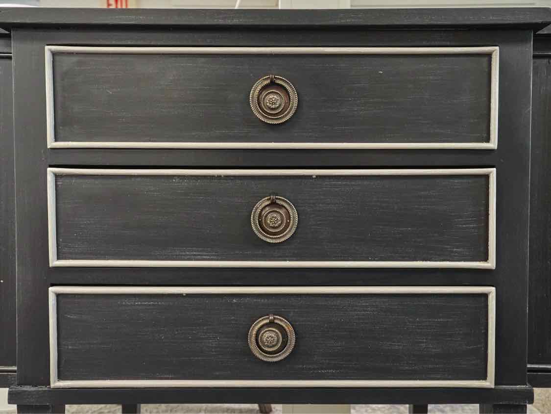 Black Vintage Breakfront Server with Grey Trim and Brass Ring Pulls