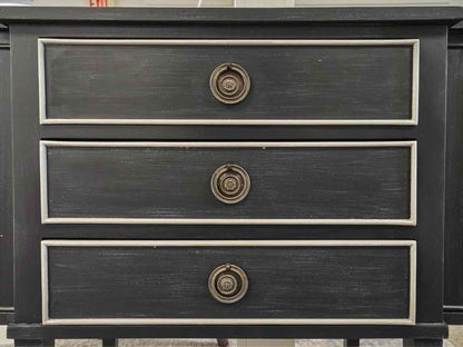 Black Vintage Breakfront Server with Grey Trim and Brass Ring Pulls