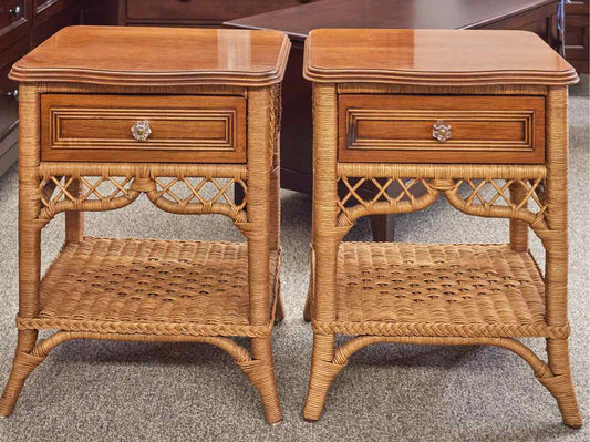 Pair of Lexington Henry Link Wicker Single Drawer Nightstands