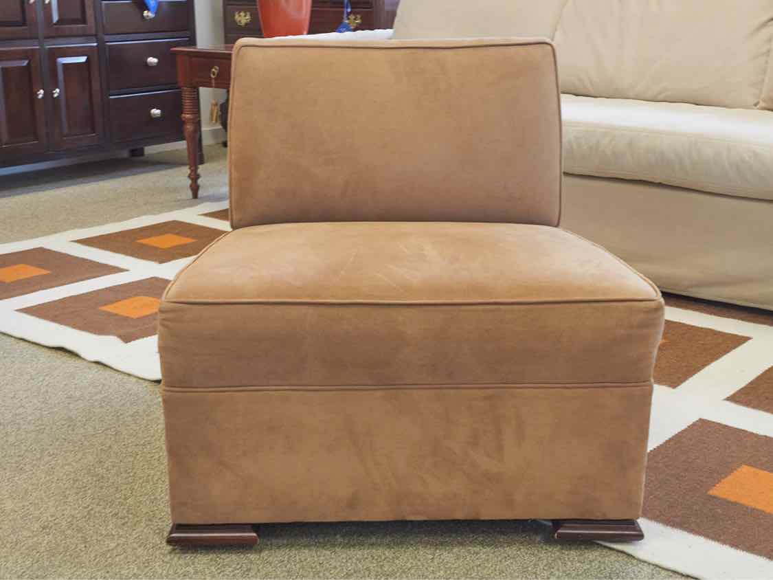 Pair of Mocha Microsuede Slipper Chairs with Ottoman