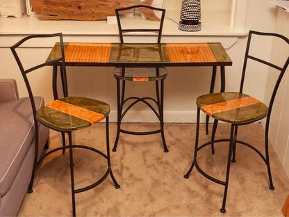Lacquer Top  Console By Lara Moore  ,  Mirror, (3) Counter  Stools Metal Legs