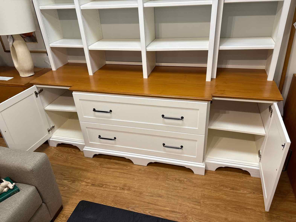 White and Cherry Custom Built Bookcase and Storage Cabinet