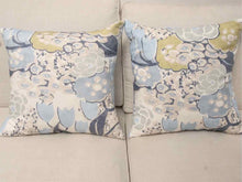 Pair Of Laura Citrus & Blue Floral Linen Cotton Down filled Accent Pillows