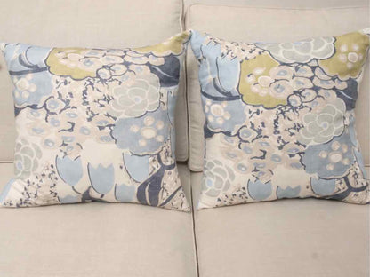 Pair Of Laura Citrus & Blue Floral Linen Cotton Down filled Accent Pillows