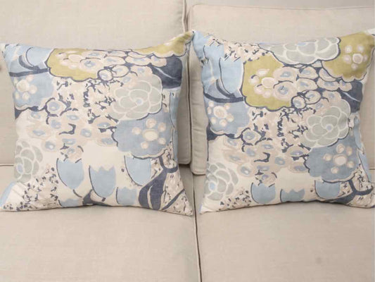 Pair Of Laura Citrus & Blue Floral Linen Cotton Down filled Accent Pillows