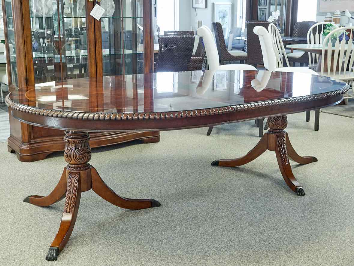 Double Pedestal Inlaid Mahogany Oval Dining Table