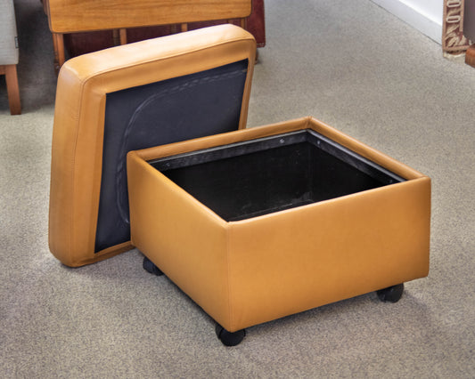 Ekornes Camel Leather Square Storage Ottoman