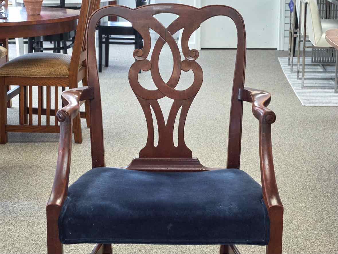 Set of 8 Carved Mahogany Dining Chairs with Dark Blue Velvet Seats