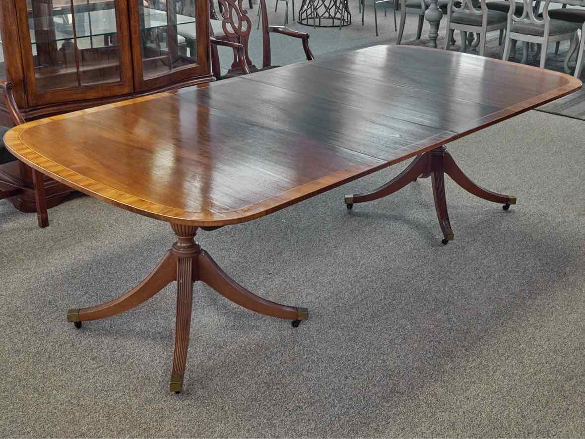 Baker Mahogany Double Pedestal Dining Table with Yewwood Banded Inlay