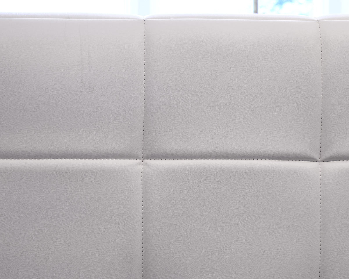 Biscuit Stitched King Bed in White Faux Leather with Low-Profile Footboard