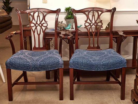 Pair of Mahogany Chippendale  Arm Dining  Chairs with Blue Damask