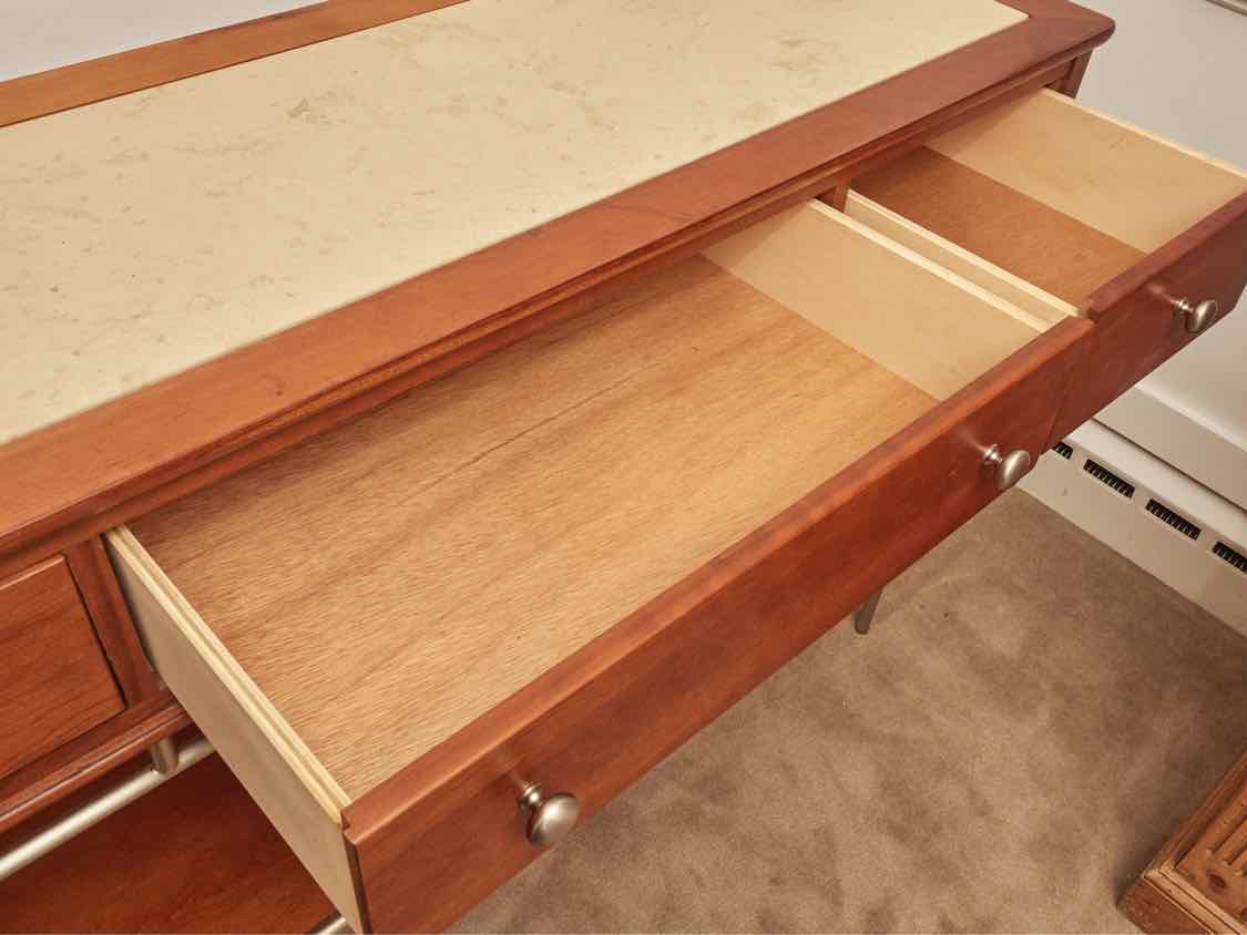 Cherry 3 Drawer 2 Shelf Stone Insert Surface Metal Framed Wine Rack Server