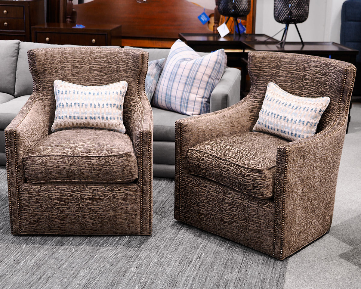 Pair of Custom Huntington House Upholstered Swivel Chairs