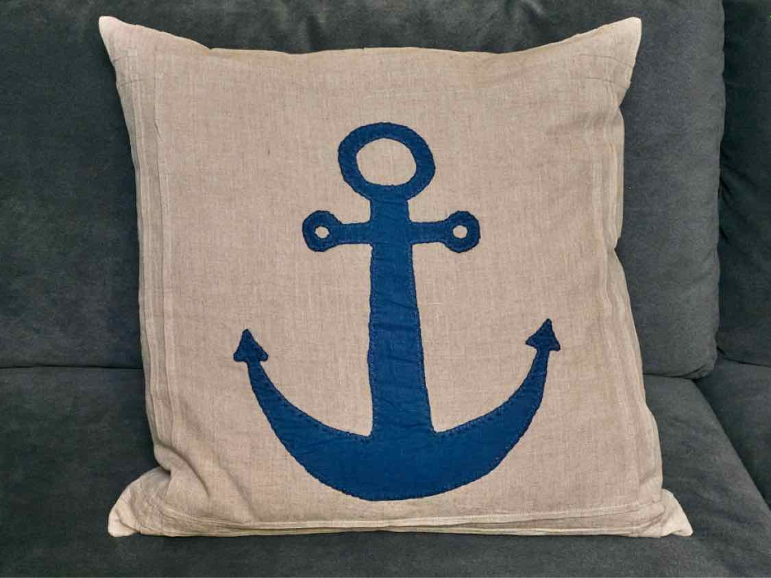 Anchor Indigo Applique Natural Linen Accent Pillow
