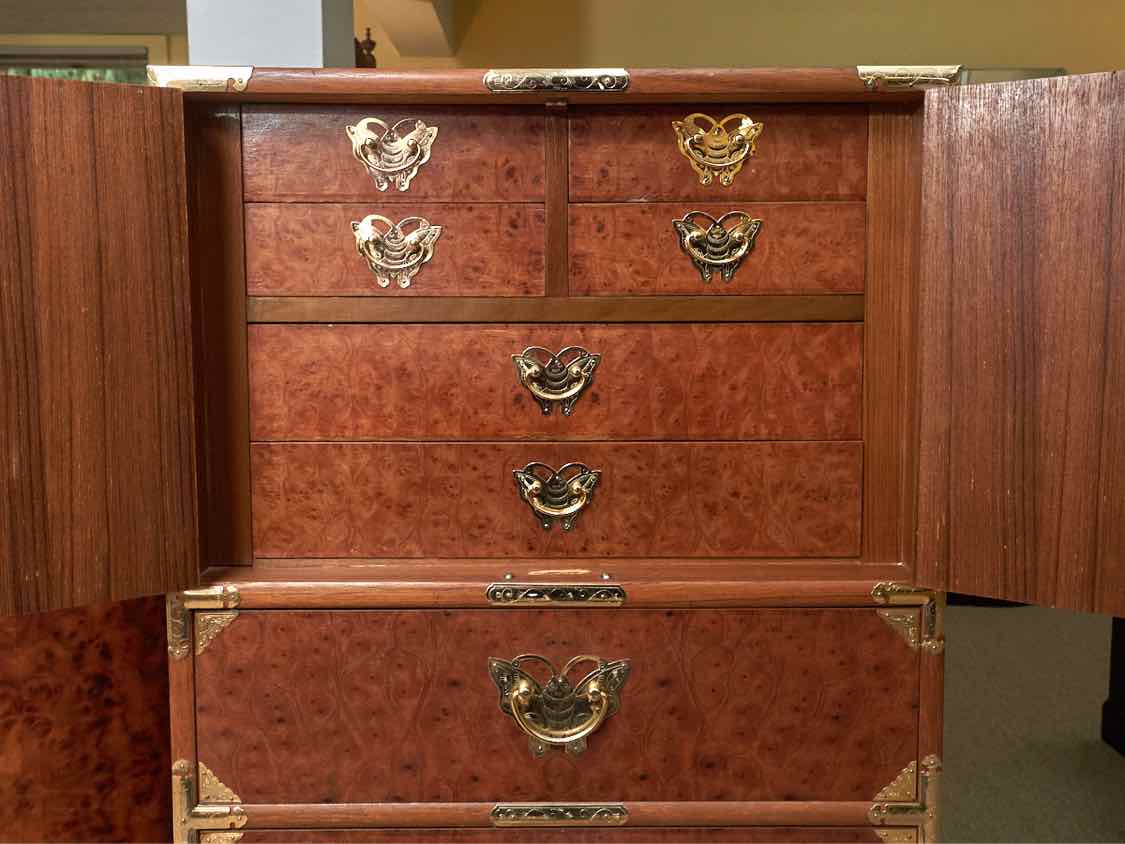 Asian Burled Walnut 5 Door Lingerie Chest with Brass Moth Handles