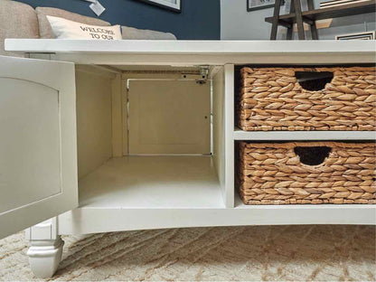 White Finish Plank Top 4 Door 2 Basket Shelf Cocktail Table