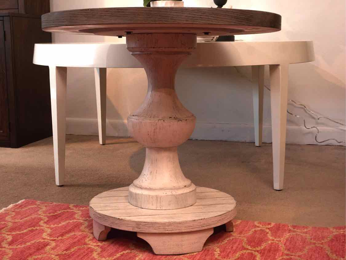 Round Driftwood Finish Plank Top Side Table with Pedestal Base