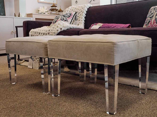 Pair of MG+BW Vanilla Upholstered Ottomans with Acrylic Legs