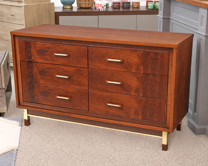 Walnut Mid Century Modern 6 Drawer  Dresser with Brass Accent Handles