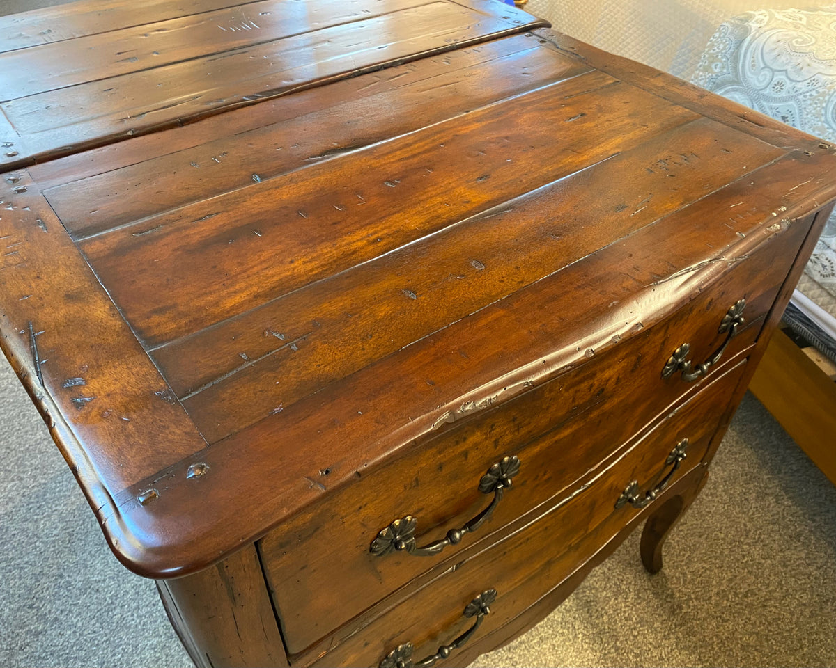 Pair of Theodore Alexander French Alderwood 2-Drawer Nightstands with Iron Pulls