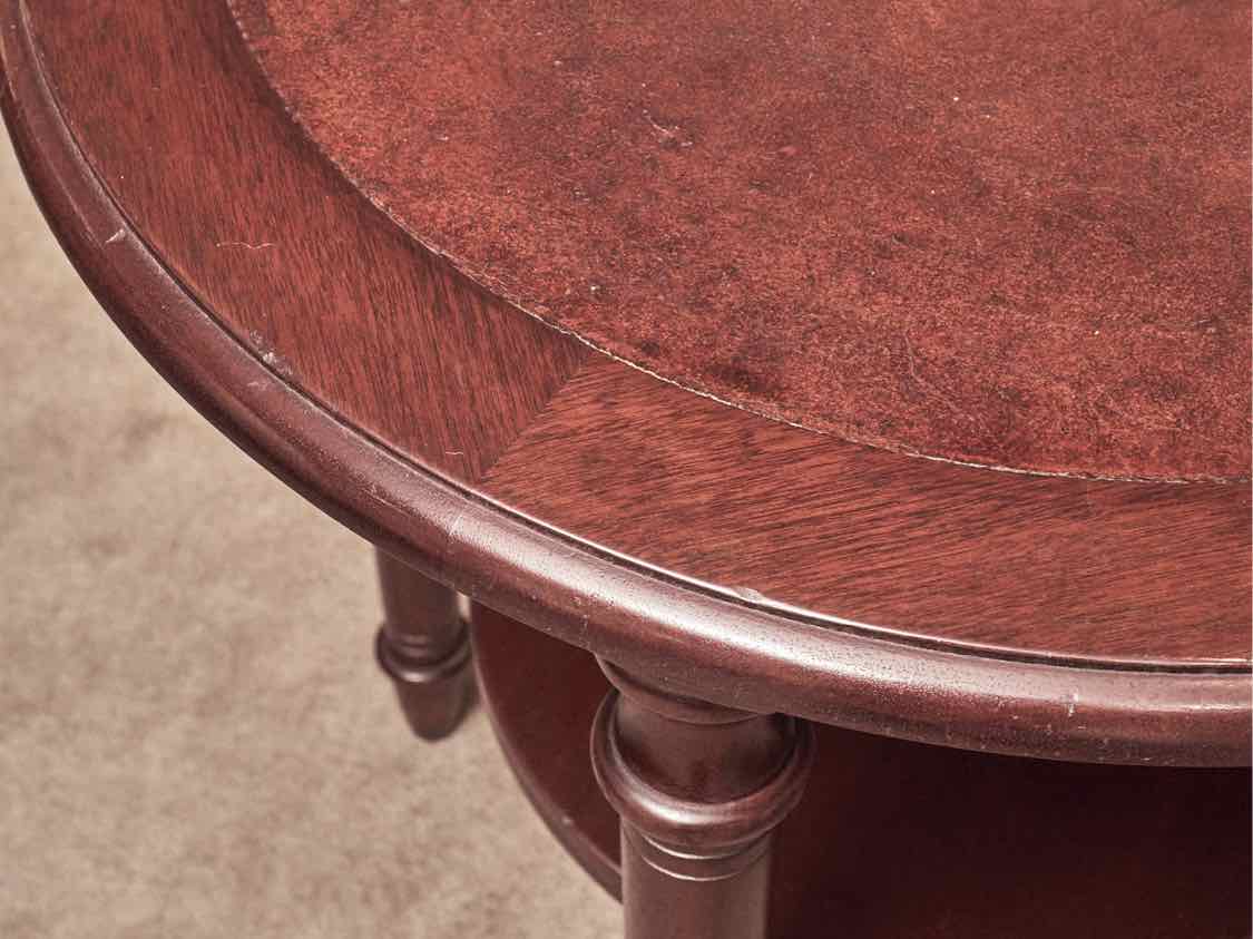 South Cone Leather Top & Walnut Turned Legs & Lower Shelf  Accent Table