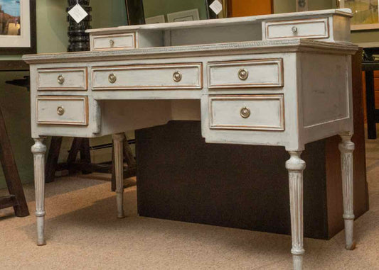 Distressed Grey Finish 7 Drawer Writing Desk With Reeded Legs