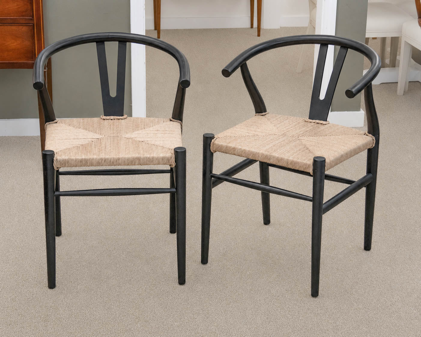 Pair of Reproduction Wishbone Dining Chairs in Black with Rush Seats