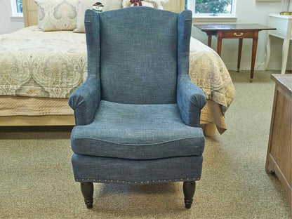 Pair of Pottery Barn Wing Back Chairs in Denim Blue Upholstery