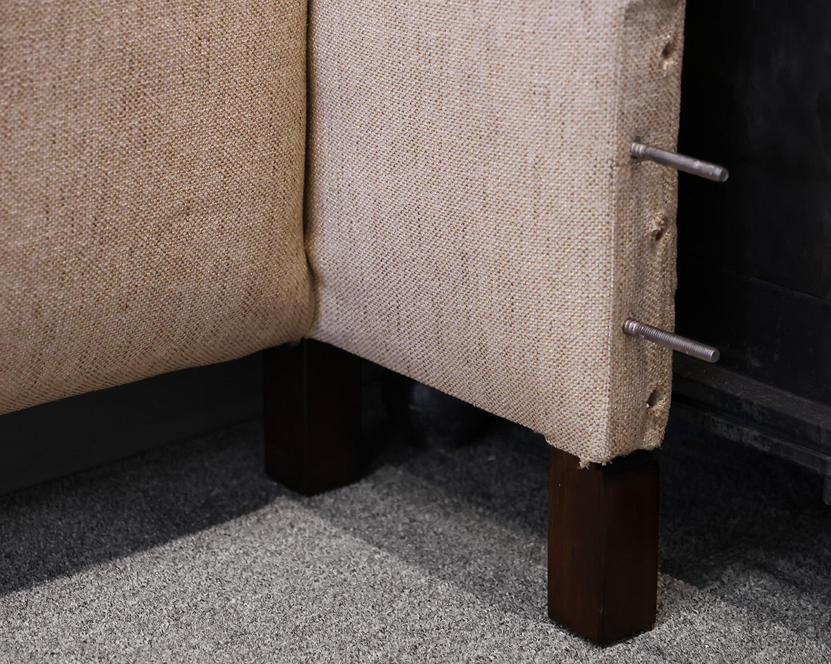 King Bed Upholstered in a Beige/Gold Woven Fabric. HB/LPFB/Rails/Metal Slats